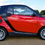Czerwone Smart Fortwo na wiejskiej drodze wśród pól
